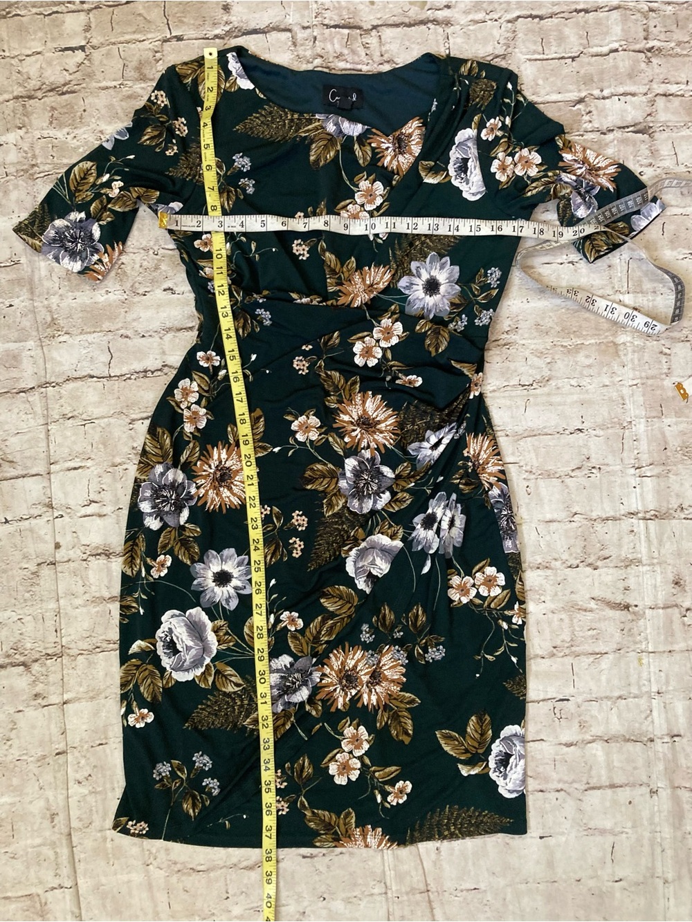 🔥 Connected deep green/multiple colors floral short sleeve ruched detailed dres - Picture 5 of 8
